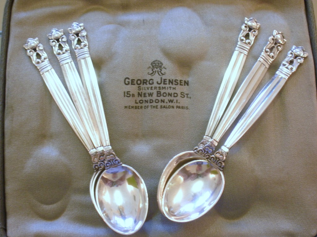 Georg Jensen, Acorn (Konge) pattern silver mocha spoons, fitted case