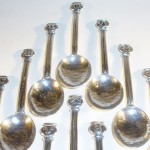 Winifred King & Co, cased set of twelve Arts and Crafts silver Zodiac coffee spoons, Birmingham 1930 SOLD - Image 9