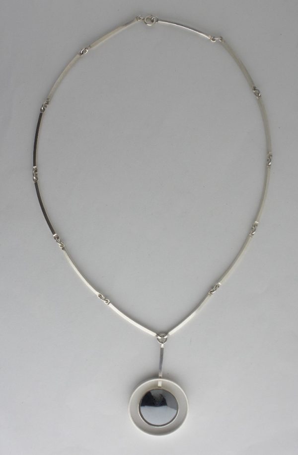 Niels Erik From, hematite set silver pendant on chain, Denmark, circa 1972 SOLD - Image 2