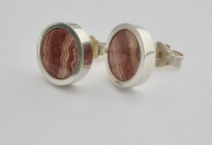 Arne Johansen, pair of rhodochrosite set silver ear studs, Denmark, circa 1975 (Ref S813)