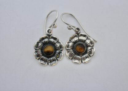 Niels Erik From, pair of tiger eye set silver flower head drop earrings, Denmark, circa 1980 (Ref S846)