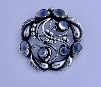 Georg Jensen, Moonlight Blossom moonstone set silver brooch, #159, Denmark, 1971 London import mark (Ref S+95)SOLD