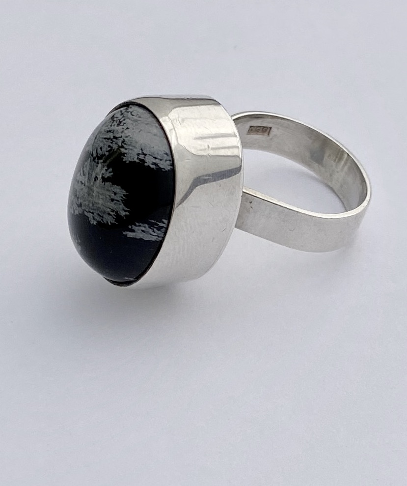 Danish Silver Designs, snowflake obsidian set silver ring, London 1975 ...