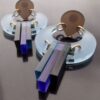 Toolally, pair of sky blue, green, dark green, purple and brown, acrylic drop earrings, England, circa 2017 (Ref S+610) SOLD - Image 2