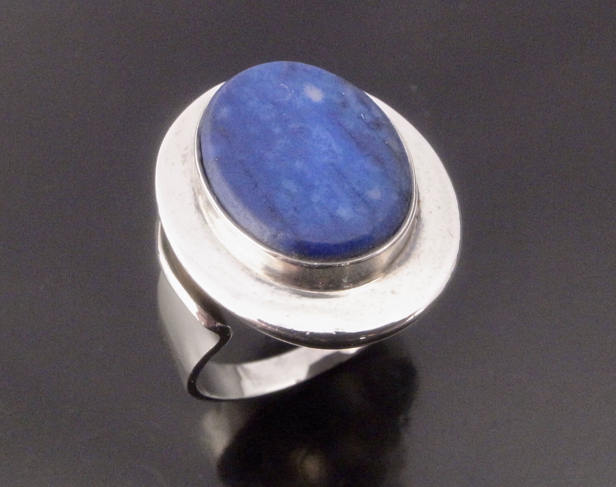 Niels Erik From, sodalite set silver ring, Denmark, 1978 London import marks (Ref S+663)