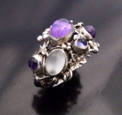 PJI (maker unknown), sapphire, moonstone and amethyst set Arts and Crafts style silver ring, Birmingham 1990 (Ref S+732) SOLD