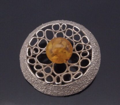 Maker unknown, amber set modernist 835 standard silver brooch, probably German, circa 1970 (Ref S+2057HH)