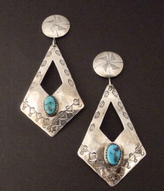 Juan Guerro, pair of Navajo turquoise set silver drop earrings, America, circa 2015 (Ref S+2247) SOLD