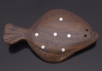 Anonymous, rosewood and metal dot inlaid plaice brooch, Denmark, circa 1960 (Ref S+2536)